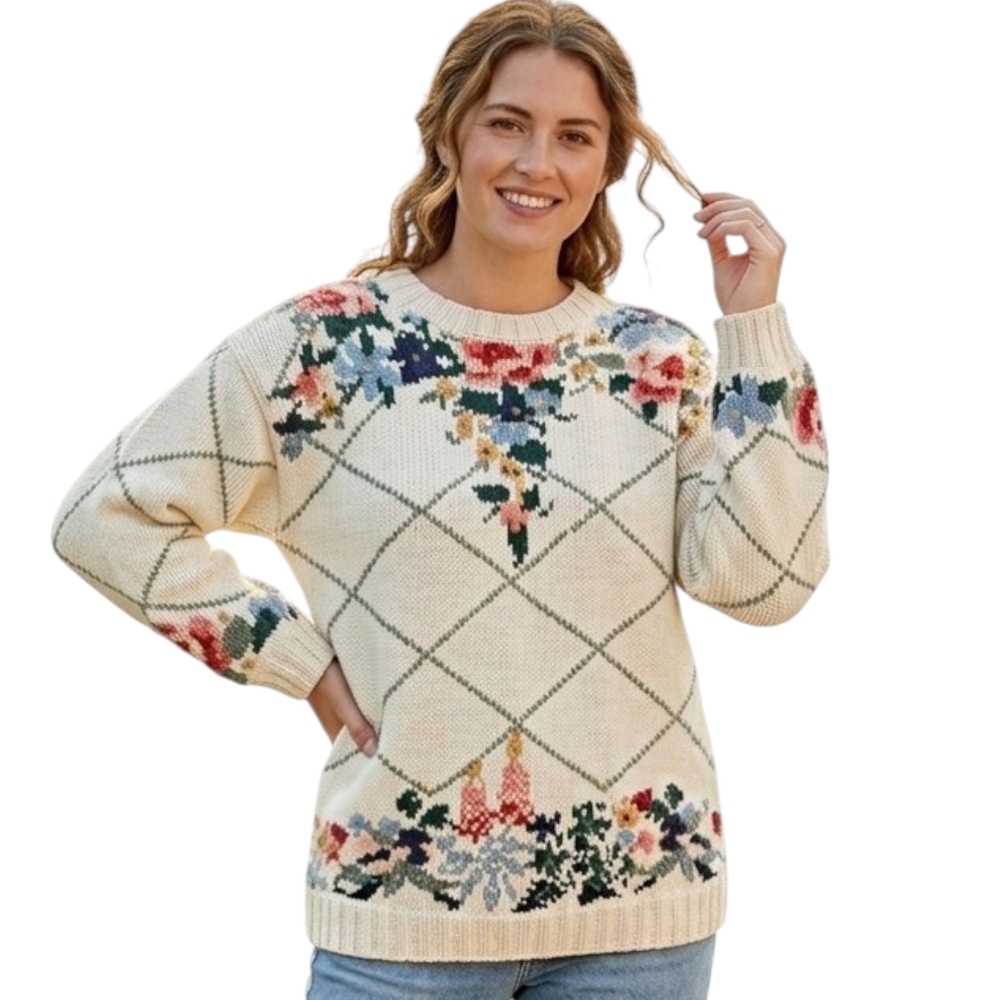 Vintage The Limited Hand Knit Floral Argyle Cottagecore Sweater Petite Small